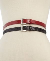 Have it both ways with this pair of skinny belts from Style&co. that add the finishing touch to any ensemble. Presented in a shimmer or solid design, each is accented with a shining, silver-tone buckle. Have it both ways with this pair of skinny belts from Style&co. that add the finishing touch to any ensemble. Presented in a shimmer or solid design, each is accented with a shining, silver-tone buckle.