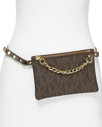 Luxury, it's a cinch with this chain trimmed MICHAEL Michael Kors belt bag, which works an unapologetic glamour with its gleaming hardware and attached leather pouch. Luxury, it's a cinch with this chain trimmed MICHAEL Michael Kors belt bag, which works an unapologetic glamour with its gleaming hardware and attached leather pouch.