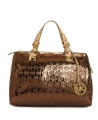With a mirror-like metallic body embellished with monogram logos, the Jet Set Grayson barrel purse by MICHAEL Michael Kors adds a high-drama element to your look. With a mirror-like metallic body embellished with monogram logos, the Jet Set Grayson barrel purse by MICHAEL Michael Kors adds a high-drama element to your look.