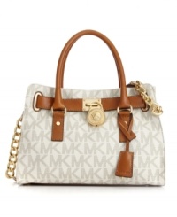 Get carried away with this signature satchel from MICHAEL Michael Kors. A stunning silhouette dressed in the classic logo with polished 18k gold hardware. Get carried away with this signature satchel from MICHAEL Michael Kors. A stunning silhouette dressed in the classic logo with polished 18k gold hardware.