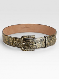 Luxe embossed metallic/black croc belt with self-covered buckle.Width, about 2Made in the USA Luxe embossed metallic/black croc belt with self-covered buckle.Width, about 2Made in the USA