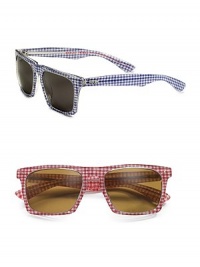 The classic look is updated with a unique touch: gingham-checked fabric inlaid across the acetate frames. 100% UV protective Imported