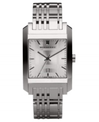 This Burberry timepiece features a check-inspired stainless steel bracelet and rectangular case. Silvertone dial with stick indices, date window and logo, Swiss made. Quartz movement. Water resistant to 50 meters. Two-year limited warranty. This Burberry timepiece features a check-inspired stainless steel bracelet and rectangular case. Silvertone dial with stick indices, date window and logo, Swiss made. Quartz movement. Water resistant to 50 meters. Two-year limited warranty.
