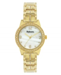 Get your glamour fix with this luxe watch by Style&co. Gold tone mixed metal bracelet with crystal accents and round case. Bezel embellished with crystal accents. Mother-of-pearl dial features gold tone numerals at twelve, three, six and nine o'clock, dot markers, three hands and logo. Quartz movement. Two-year limited warranty. Get your glamour fix with this luxe watch by Style&co. Gold tone mixed metal bracelet with crystal accents and round case. Bezel embellished with crystal accents. Mother-of-pearl dial features gold tone numerals at twelve, three, six and nine o'clock, dot markers, three hands and logo. Quartz movement. Two-year limited warranty.