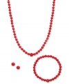 A fun update to your accessory collection, this matching set features a necklace, stretch bracelet and stud earrings crafted from coral quartz (6-8 mm) and crystal beads. Set in sterling silver. Approximate length (necklace): 18 inches. Approximate length (bracelet): 7 inches. Approximate diameter: 1/3 inch.