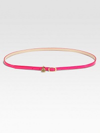 This vibrantly-hued patent style fastens with a goldtone buckle and features a matching logo charm.70% polyurethane/30% poyamideAbout 1¼ wideMade in Italy This vibrantly-hued patent style fastens with a goldtone buckle and features a matching logo charm.70% polyurethane/30% poyamideAbout 1¼ wideMade in Italy