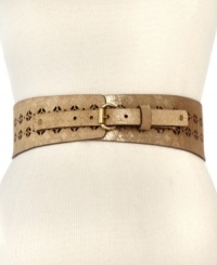Golden goddess. Glam up your everyday look with this luxe leather belt from Fossil. Featuring signature-embossed detailing and slim C-ring buckle, it's the perfect way to upgrade any ensemble. Golden goddess. Glam up your everyday look with this luxe leather belt from Fossil. Featuring signature-embossed detailing and slim C-ring buckle, it's the perfect way to upgrade any ensemble.