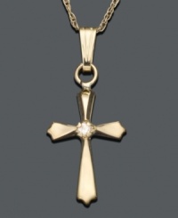 Polished 14k gold with a diamond accent at center create a stunning cross pendant, perfect for a child's first necklace. Approximate length: 15 inches. Approximate drop: 3/4 inch. Polished 14k gold with a diamond accent at center create a stunning cross pendant, perfect for a child's first necklace. Approximate length: 15 inches. Approximate drop: 3/4 inch.
