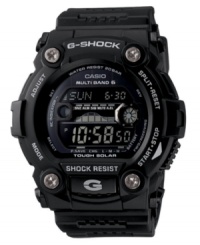 Take on any adventure with this stylish black sports watch from G-Shock. Black resin strap and round case. Shock-resistant, digital display dial with solar power, atomic timekeeping, tide and moon graphs, backlight with afterglow, world time, alarm, stopwatch and logo. Quartz movement. Water resistant to 200 meters. One-year limited warranty. Take on any adventure with this stylish black sports watch from G-Shock. Black resin strap and round case. Shock-resistant, digital display dial with solar power, atomic timekeeping, tide and moon graphs, backlight with afterglow, world time, alarm, stopwatch and logo. Quartz movement. Water resistant to 200 meters. One-year limited warranty.