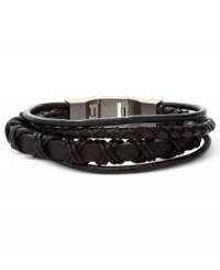 Bold in black. Fossil's leather bracelet offers a variety of looks coming together for a stylish statement. Approximate length: 7-3/4 inches. Bold in black. Fossil's leather bracelet offers a variety of looks coming together for a stylish statement. Approximate length: 7-3/4 inches.