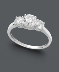 Simple glamour that will spark a conversation. Arabella's stunning engagement ring features a three-stone design made of round-cut Swarovski zirconias (2-3/8 ct. t.w.). Crafted in 14k white gold. Simple glamour that will spark a conversation. Arabella's stunning engagement ring features a three-stone design made of round-cut Swarovski zirconias (2-3/8 ct. t.w.). Crafted in 14k white gold.
