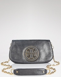 When the ordinary evening bag just won't do, this glittery Tory Burch clutch steps in, styled in metallic coated leather and detailed with a stacked logo. When the ordinary evening bag just won't do, this glittery Tory Burch clutch steps in, styled in metallic coated leather and detailed with a stacked logo.
