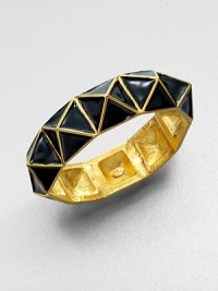 A graphic, 22k goldplated style with a pyramid design accented glossy enamel. Enamel22k goldplatingDiameter, about 2.5Hinged, magnetic closureMade in USA A graphic, 22k goldplated style with a pyramid design accented glossy enamel. Enamel22k goldplatingDiameter, about 2.5Hinged, magnetic closureMade in USA