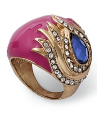 Eye-catching style, by Bar III. Go for glam with this golden ring with beautiful pink enamel and blue and clear acrylic accents. Crafted in gold tone mixed metal. Size 7. Eye-catching style, by Bar III. Go for glam with this golden ring with beautiful pink enamel and blue and clear acrylic accents. Crafted in gold tone mixed metal. Size 7.