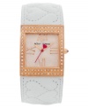 Wear your heart on your wrist with this adorable cuff watch from Betsey Johnson. Dressed in quilted leather with hints of rosy hues and crystal shimmer.