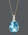 Add a pop of bright blue color. This beautiful pendant features pear-cut blue topaz (6-1/5 ct. t.w.) with sparkling diamond accents at the bail. Crafted in 14k gold. Approximate length: 18 inches. Approximate drop: 3/4 inch.