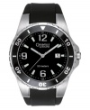 A comfortable, sports watch feel with refined style, from Caravelle by Bulova. Black rubber strap. Silvertone mixed metal round case and round black dial with date window, logo and numeral indices. Quartz movement. Water resistant to 50 meters. Two-year limited warranty.
