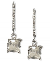 Shapely sophistication. Betsey Johnson's square drop earrings stun with a large faceted crystal accent. Pave crystal accents adorn the chain. Crafted in silver tone mixed metal. Approximate drop: 1 inch. Shapely sophistication. Betsey Johnson's square drop earrings stun with a large faceted crystal accent. Pave crystal accents adorn the chain. Crafted in silver tone mixed metal. Approximate drop: 1 inch.