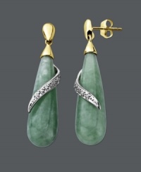 Spruce up your look in a fresh splash of green. Teardrop-shaped jade (27 mm x 8 mm) shines amongst swirling diamond accents. Crafted in 14k gold and sterling silver. Approximate drop: 1-1/2 inches. Spruce up your look in a fresh splash of green. Teardrop-shaped jade (27 mm x 8 mm) shines amongst swirling diamond accents. Crafted in 14k gold and sterling silver. Approximate drop: 1-1/2 inches.