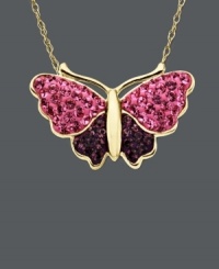 Style suited for the free spirit. This vibrant butterfly pendant by Kaleidoscope shines with the addition of dark and light purple crystals with Swarovski elements. Crafted in 18k gold over sterling silver. Approximate length: 18 inches. Approximate drop: 6/10 inch. Style suited for the free spirit. This vibrant butterfly pendant by Kaleidoscope shines with the addition of dark and light purple crystals with Swarovski elements. Crafted in 18k gold over sterling silver. Approximate length: 18 inches. Approximate drop: 6/10 inch.