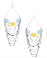 Sweeping, statement-making styles are the hottest new trend. Kenneth Cole New York's swag earring style is no exception with its pretty multi-chain and crystal design that highlights semi-precious blue quartz and yellow jade stones. Set in silver tone mixed metal. Approximate drop: 5 inches. Sweeping, statement-making styles are the hottest new trend. Kenneth Cole New York's swag earring style is no exception with its pretty multi-chain and crystal design that highlights semi-precious blue quartz and yellow jade stones. Set in silver tone mixed metal. Approximate drop: 5 inches.