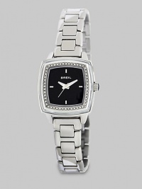 From the Orchestra Collection. Sparkle in this elegant, Swarovski crystal accented timepiece. Quartz movementWater resistant to 5 ATMRectangular stainless steel case, 29mm (1.2) X 29mm (1.2) Swarovski crystal accented bezelBlack dialFour bar markersSecond handStainless steel link braceletImported