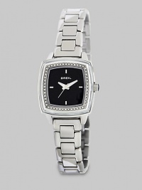 From the Orchestra Collection. Sparkle in this elegant, Swarovski crystal accented timepiece. Quartz movementWater resistant to 5 ATMRectangular stainless steel case, 29mm (1.2) X 29mm (1.2) Swarovski crystal accented bezelBlack dialFour bar markersSecond handStainless steel link braceletImported From the Orchestra Collection. Sparkle in this elegant, Swarovski crystal accented timepiece. Quartz movementWater resistant to 5 ATMRectangular stainless steel case, 29mm (1.2) X 29mm (1.2) Swarovski crystal accented bezelBlack dialFour bar markersSecond handStainless steel link braceletImported