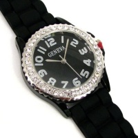 Black Silver Silicone Gel Ceramic Style Band Crystal Bezel Watch Black Silver Silicone Gel Ceramic Style Band Crystal Bezel Watch