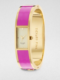 A chic goldtone bangle timepiece inset with glossy enamel and an engraved idiom. Quartz movementWater resistant to 3 ATMRectangular goldtone case, 16mm (0.6)Smooth bezelCream dialDot hour markersSecond hand Enamel accented goldtone bangleImported A chic goldtone bangle timepiece inset with glossy enamel and an engraved idiom. Quartz movementWater resistant to 3 ATMRectangular goldtone case, 16mm (0.6)Smooth bezelCream dialDot hour markersSecond hand Enamel accented goldtone bangleImported