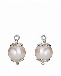Freshwater pearl charms with floral sterling silver caps drop beautifully from PANDORA french wire or hoop earrings. Freshwater pearl charms with floral sterling silver caps drop beautifully from PANDORA french wire or hoop earrings.