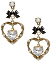 Your heart will drop for this design. Betsey Johnson's stunning drop earrings feature a golden rope heart accented with crystal accents. Crafted in gold tone mixed metal with hematite tone ribbon accents. Approximate drop: 1-3/4 inches. Your heart will drop for this design. Betsey Johnson's stunning drop earrings feature a golden rope heart accented with crystal accents. Crafted in gold tone mixed metal with hematite tone ribbon accents. Approximate drop: 1-3/4 inches.