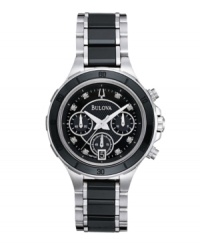 Bulova pairs time-honored quality with highly fashionable ceramic to create this striking watch. Stainless steel bracelet with center links of black ceramic and round stainless steel case. Black ceramic bezel etched with numerals holds a slightly-domed mineral crystal. Black chronograph dial with textured inner dial features eight diamond accents at markers, date window at six o'clock, three subdials, silvertone hands, and logo at twelve o'clock. Quartz movement. Water resistant to 30 meters. Three-year limited warranty. Bulova pairs time-honored quality with highly fashionable ceramic to create this striking watch. Stainless steel bracelet with center links of black ceramic and round stainless steel case. Black ceramic bezel etched with numerals holds a slightly-domed mineral crystal. Black chronograph dial with textured inner dial features eight diamond accents at markers, date window at six o'clock, three subdials, silvertone hands, and logo at twelve o'clock. Quartz movement. Water resistant to 30 meters. Three-year limited warranty.