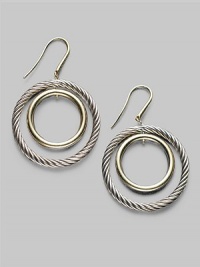 From the Thoroughbred Collection. Gracefully graduated circles, one of cabled sterling silver, one of 18k gold. Sterling silver and 18k yellow gold Drop, about 1½ Diameter, about 1 Ear wire