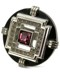 Period piece de resistance. T Tahari captures the Art Deco era with its Definitely Deco stretch ring. Crafted from silver-tone mixed metal with fuchsia and clear crystal accents for a vibrant touch. Period piece de resistance. T Tahari captures the Art Deco era with its Definitely Deco stretch ring. Crafted from silver-tone mixed metal with fuchsia and clear crystal accents for a vibrant touch.