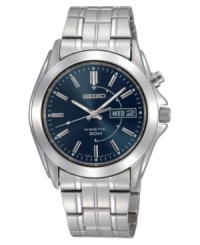 Always on the move. The Kinetic watch by Seiko features a stainless steel bracelet and case with transparent case back. 40mm. Metallic blue dial with silvertone stick indices, logo and date window. Kinetic® quartz movement. Water resistant to 100 meters. Three-year limited warranty. Always on the move. The Kinetic watch by Seiko features a stainless steel bracelet and case with transparent case back. 40mm. Metallic blue dial with silvertone stick indices, logo and date window. Kinetic® quartz movement. Water resistant to 100 meters. Three-year limited warranty.
