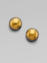 From the Amulet Collection. Hammered 24k yellow gold in a blackened sterling silver setting makes a modern, sophisticated statement.24k yellow gold Sterling silver Diameter, about ¾ Post back Imported From the Amulet Collection. Hammered 24k yellow gold in a blackened sterling silver setting makes a modern, sophisticated statement.24k yellow gold Sterling silver Diameter, about ¾ Post back Imported