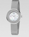 From the U-Play Collection. A sleek stainless steel timepiece with a textured bezel and sparkling diamond markers. Swiss quartz movementWater resistant to 3 ATMRound stainless steel case, 27mm (1)Mesh motif bezelMother-of-pearl dialDiamond markersStainless steel link braceletMade in Switzerland 