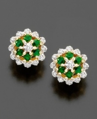 A modern take on a vintage-inspired style: round-cut emeralds (1/3 ct. t.w.) and round-cut diamonds (1/10 ct. t.w.) perfectly meld for a vibrant but delicate look. Set in 14k gold button earrings. A modern take on a vintage-inspired style: round-cut emeralds (1/3 ct. t.w.) and round-cut diamonds (1/10 ct. t.w.) perfectly meld for a vibrant but delicate look. Set in 14k gold button earrings.
