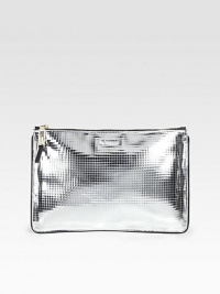 A sleek design in scored, metallic leather with a modern grid pattern.Top zip closureFully lined13W X 8½H X ½DMade in Italy A sleek design in scored, metallic leather with a modern grid pattern.Top zip closureFully lined13W X 8½H X ½DMade in Italy