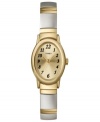 Sleek and elegance, this Timex watch features a goldtone and silvertone stainless steel bracelet and oval mixed metal case. Goldtone dial with black numerals and logo. Analog movement. One-year limited warranty.