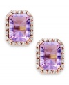 Richly colored with faceted details, these fun stud earrings showcase emerald-cut pink amethyst (2-1/2 ct. t.w.) edged by sparkling diamond accents. Set in 10k rose gold. Approximate drop length: 1/2 inch. Approximate drop width: 3/8 inch.
