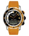 Keeping you in touch at any depth. The Tissot Sea Touch watch features an orange rubber strap and round stainless steel case. Black and orange bezel. Black chronograph dial with orange stick indices, logo, digital sub dial, alarm, compass, thermometer and dive log. Quartz movement. Water resistant to 200 meters. Two-year limited warranty.