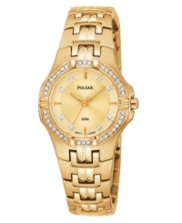 Style fit for a princess, by Pulsar. This glorious watch features a polished goldtone bracelet and round case. Bezel crystallized by Swarovski elements. Champagne dial with goldtone stick indices, crystal accent markers and logo. Quartz analog movement. Water resistant to 50 meters. Three-year limited warranty. Style fit for a princess, by Pulsar. This glorious watch features a polished goldtone bracelet and round case. Bezel crystallized by Swarovski elements. Champagne dial with goldtone stick indices, crystal accent markers and logo. Quartz analog movement. Water resistant to 50 meters. Three-year limited warranty.