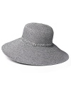 Make a sparkling statement in a braided floppy hat with woven metallic fibers.