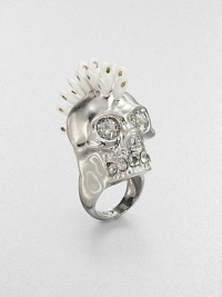 An iconic, Swarovski crystal accented skull with an edgy enamel mohawk. Silvertone brassSwarovski crystalsEnamelWidth, about .75Made in Italy An iconic, Swarovski crystal accented skull with an edgy enamel mohawk. Silvertone brassSwarovski crystalsEnamelWidth, about .75Made in Italy