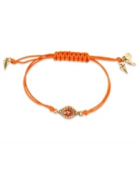 Eye your new favorite bracelet. This RACHEL Rachel Roy bracelet showcases an evil eye charm with glass stone accents. An adjustable coral waxed cotton cord holds it all together. Set in worn gold tone mixed metal. Approximate diameter: 5/8 inch. Adjustable from 1 inch to 7-1/4 inches. Eye your new favorite bracelet. This RACHEL Rachel Roy bracelet showcases an evil eye charm with glass stone accents. An adjustable coral waxed cotton cord holds it all together. Set in worn gold tone mixed metal. Approximate diameter: 5/8 inch. Adjustable from 1 inch to 7-1/4 inches.
