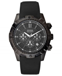 Lend a look of bold adventure with this masculine watch from GUESS. Lend a look of bold adventure with this masculine watch from GUESS.