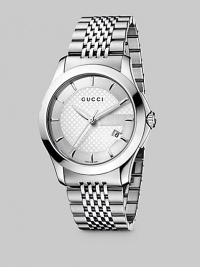 From the Timeless Collection. A stainless steel design is set with silver diamond-pattern dial in a timeless look of elegance. Ronda quartz 1042 movement Water-resistant to 3ATM Steel-polished case, 38mm, (1½) Scratch-resistant sapphire crystal face Markers Second hand Date display at 4 o'clock Jewelry clasp Made in Switzerland From the Timeless Collection. A stainless steel design is set with silver diamond-pattern dial in a timeless look of elegance. Ronda quartz 1042 movement Water-resistant to 3ATM Steel-polished case, 38mm, (1½) Scratch-resistant sapphire crystal face Markers Second hand Date display at 4 o'clock Jewelry clasp Made in Switzerland