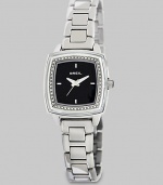 From the Orchestra Collection. Sparkle in this elegant, Swarovski crystal accented timepiece. Quartz movementWater resistant to 5 ATMRectangular stainless steel case, 29mm (1.2) X 29mm (1.2) Swarovski crystal accented bezelBlack dialFour bar markersSecond handStainless steel link braceletImported