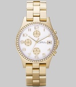 A classic chronograph dial with goldplated stainless steel bracelet and crystal bezel.Quartz movement Water resistant to 3 ATM Crystal bezel White chronograph dial Arabic numeral hour markers Date display at 3 o'clock Second hand Goldplated stainless steel link bracelet, 18mm, (.71) Imported 